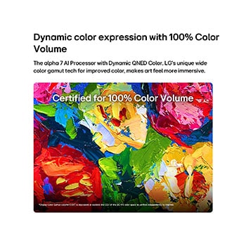 LG Gallery TV AI with frame LX7 ART TV featuring Dynamic QNED Color displays a close-up of richly textured painting artwork, where intensified reds, yellows, and greens highlight its 100% Color Volume, bringing art to life.